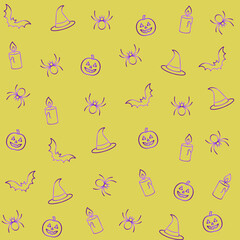 Seamless Halloween pattern with pumpkins, bats, spiders, candles, and witch hats. Thin purple outline, line art style, transparent background. Perfect for textiles, packaging, and seasonal design.
