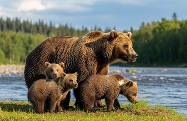 Obraz premium Mother bear watches over cubs near flowing river in open grassy landscape with distant forest backdrop under overcast daylight skies