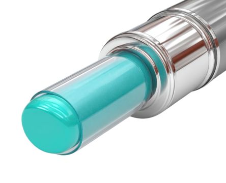 Close-up of turquoise lipstick in metallic casing