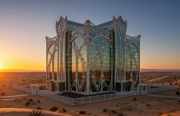 Secure glass Art Nouveau data center stands under desert sunrise, its elegant architecture reflecting both tradition and futuristic digital resilience