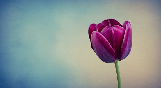 Elegant dark purple tulip bloom against dreamy pastel sky backdrop creating serene ambiance