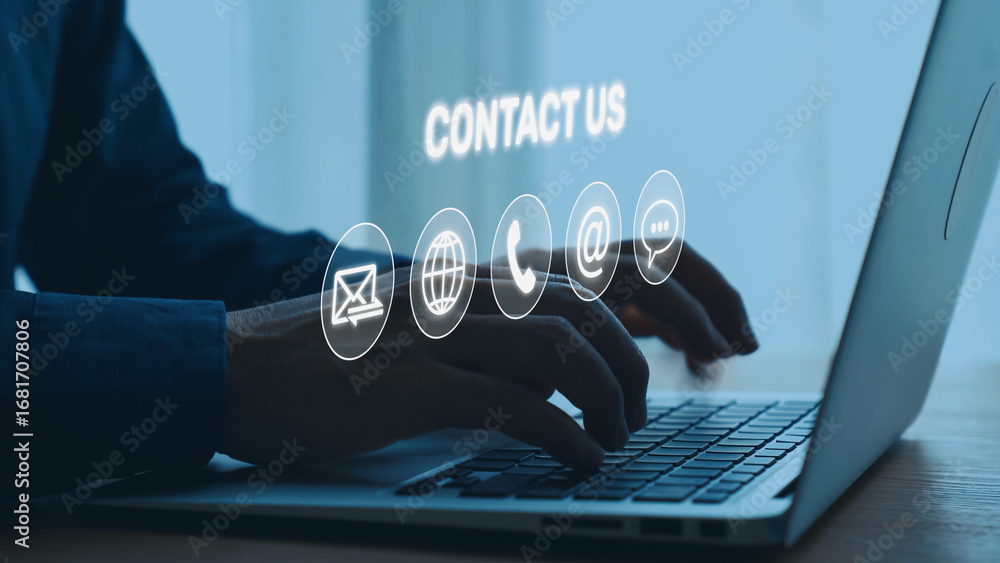 Poster ui concept for contact us section showing icons for email, web, phone, and message. contact and supp