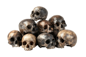 Photorealistic pile of weathered human skulls arranged in a pyramid formation against a stark backdrop
