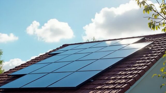 Time lapse of solar panels producing clean energy on a roof of a residential house.