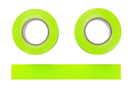 Two rolls and a strip of bright lime green adhesive tape