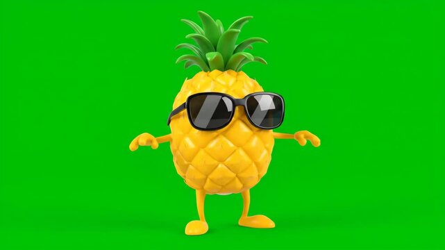 Cool Dancing Pineapple Cartoon Character - A fun cartoon pineapple wearing sunglasses dances against a green screen background.