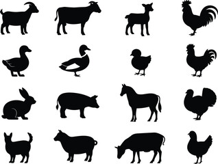 Farm animal silhouettes, black vector icons, livestock illustration, rural animals graphic, agriculture design, domestic creatures, barnyard animals, editable set