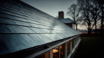 Fototapeta premium Medium shot capturing the subtle curve of thinfilm solar panels affixed to an irregular roof surface with the house and sky gently blurred behind.