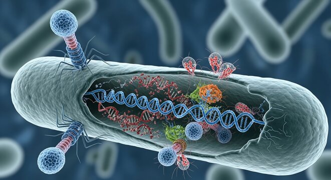 Scientific 3D illustration of bacteriophages infecting a bacterial cell, revealing the internal DNA chromosome and cellular machinery