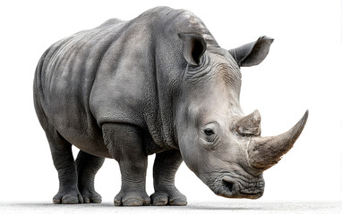 Obraz premium White rhinoceros with thick skin, large horn, and muscular build with natural stance, isolated on white background.