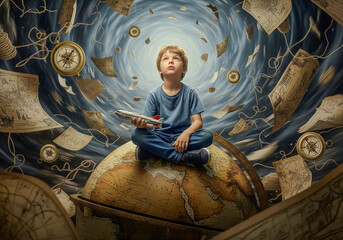 A young boy sits on a globe, holding a toy rocket, looking up in wonder as papers and clocks swirl around him in a vortex of time and space