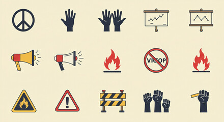 Collection of protest and demonstration related icons; symbols of peace, activism, and social change.
