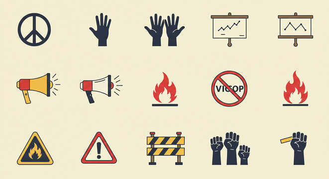Collection of protest and demonstration related icons; symbols of peace, activism, and social change.