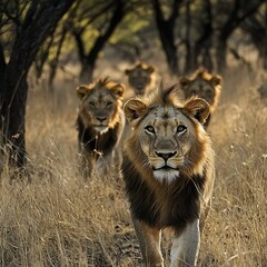 Obraz premium A pride of lions walking through tall dry grass in the African savanna big cat feline photo