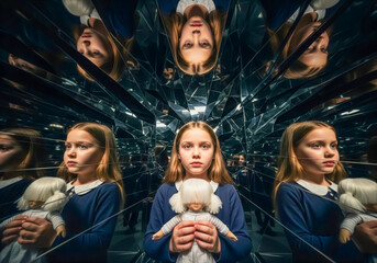 A young girl with blonde hair stares ahead holding a doll in a room with many reflections, creating a surreal and disorienting effect
