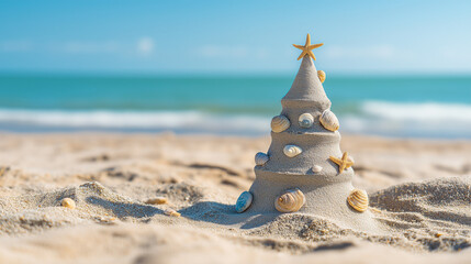Christmas tree made of sand. Decorated with corals. The sea shore is in the background. Abstract New Year's Card
