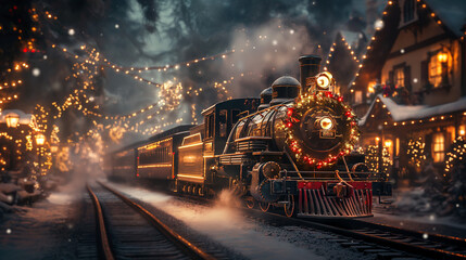 A cozy magical Christmas scene with Christmas trees, houses and a fabulous train. New Year card