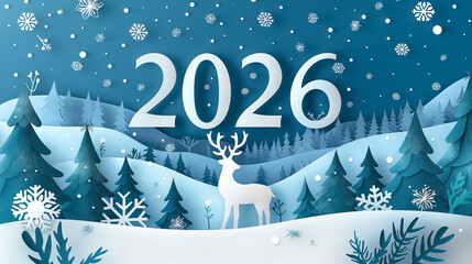 A New Year's card cut out of paper. Christmas reindeer, winter landscape with stars and moon. Beautiful 2026 postcard