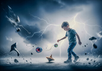 A young boy in a dark, stormy environment with lightning strikes and debris flying around him, as he plays with a spinning top