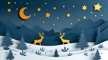 A New Year's card cut out of paper. Christmas reindeer, winter landscape with stars and moon. Beautiful postcard
