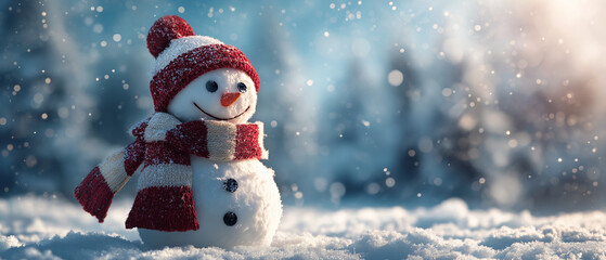 Fototapeta premium a snowman with sparkling lights and red and white scarf stands in the white snowy field, forest background
