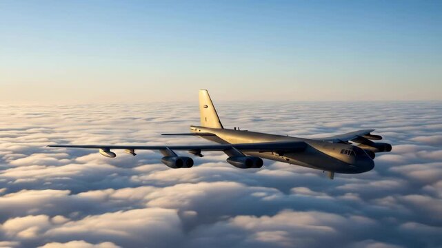 B-52 Stratofortress bomber flying above clouds in sky during daytime, transportation. Aerospace military plane in sky.