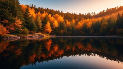 Obraz premium Tranquil forest lake reflecting golden sunset and autumn foliage, radiating serene beauty.
