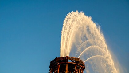 Water jets arc from a tall, octagonal fountain structure against a clear blue sky