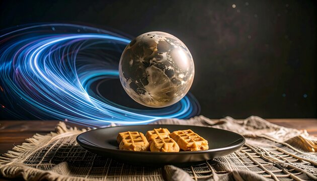 Three waffles on a dark plate hover before a globe, encircled by light trails against a dark background