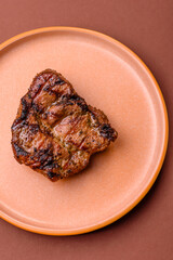 Pork breast steak, grilled fillet, healthy food, lunch. Pork steak as food background