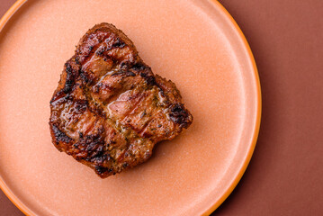 Pork breast steak, grilled fillet, healthy food, lunch. Pork steak as food background