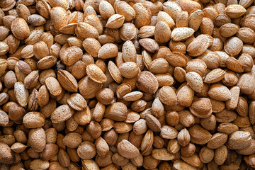 A top-down, full-frame shot of a large pile of raw almonds still in their shells, showcasing a rich variety of natural brown and tan textures and patterns