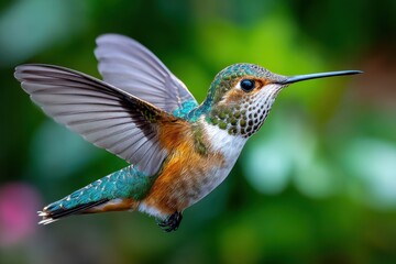 Fototapeta premium Hummingbird hovering near flowers in a vibrant garden during daytime