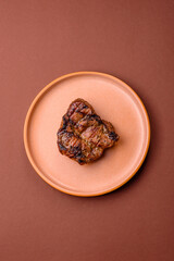 Pork breast steak, grilled fillet, healthy food, lunch. Pork steak as food background