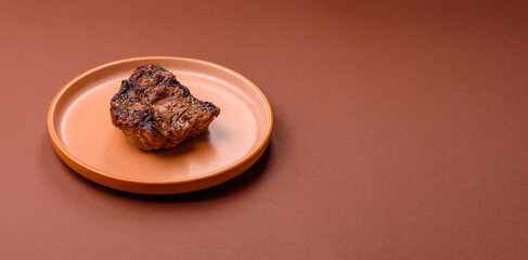 Pork breast steak, grilled fillet, healthy food, lunch. Pork steak as food background