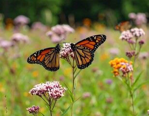 Naklejka premium Two monarch butterflies on a flower stem amidst a vibrant wildflower meadow