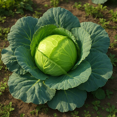 Obraz premium Freshly grown green cabbage head with large outer leaves in garden soil top view