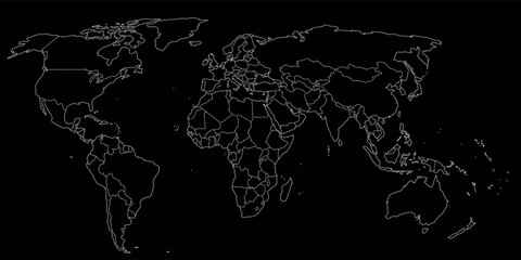 Contour world map in white colors on total black background. Simple outline icon.