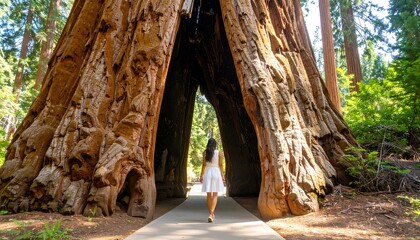 Naklejka premium A woman strolls through a magnificent natural archway formed by the colossal trunk of a redwood tree, showcasing the tree's incredible size and age.