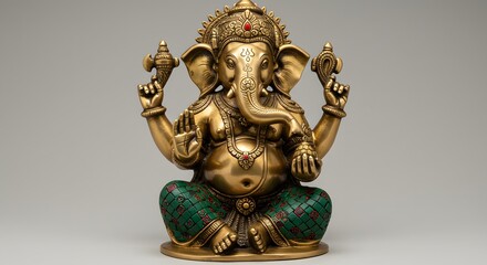 Fototapeta premium Golden Ganesha Statue Sitting Ornament With Green Pattern on Gray Background