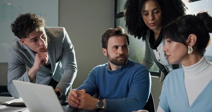 Business worry, group or laptop in meeting with publication error, missed deadline or frustrated. Editor team, people and stress at publishing agency for article rejection, headline mistake or crisis