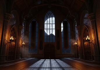 Mysterious gothic hallway illuminated by moonlight and torches