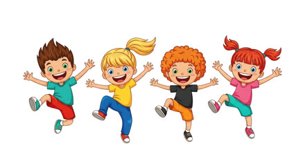 Fototapeta premium Joyful cartoon kids jumping and dancing together in a fun energetic celebration