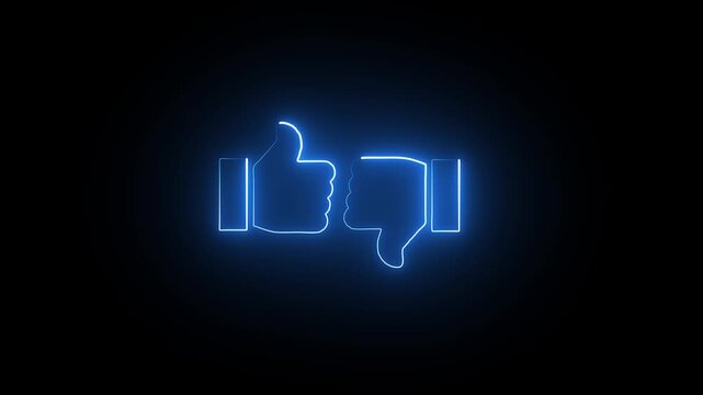Glowing neon like and dislike icon on black background.Animated neon thumb up and down sign icon animation.representing social media interactions.