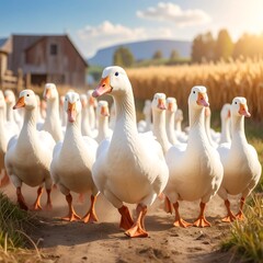 A large flock of white geese walks across a rural path, bathed in the warm light of a sunny day.