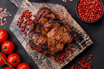Pork breast steak, grilled fillet, healthy food, lunch. Pork steak as food background