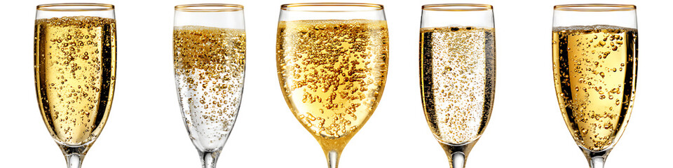 Five flutes of sparkling champagne with golden bubbles isolated festive beverage celebration