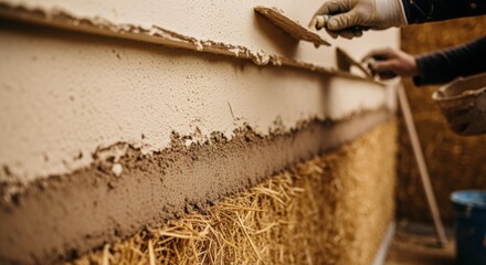 Process shot of multiple layers of natural plaster being applied sequentially on thick strawbale walls to increase insulation and durability.