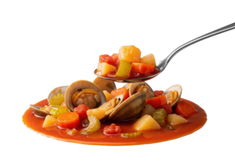 Dramatic macro of ruby-red Manhattan clam chowder with clams, vegetables, and a silver spoon lifting a portion, isolated on transparent, steam. Concept of luxurious food