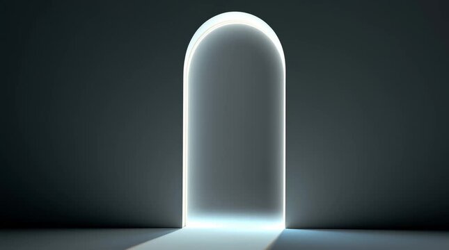 Glowing arched doorway with minimal modern architecture, futuristic mysterious atmosphere, abstract entrance, bright light casting shadow dark empty room, hopeful mood, glowing light, minimalistic
